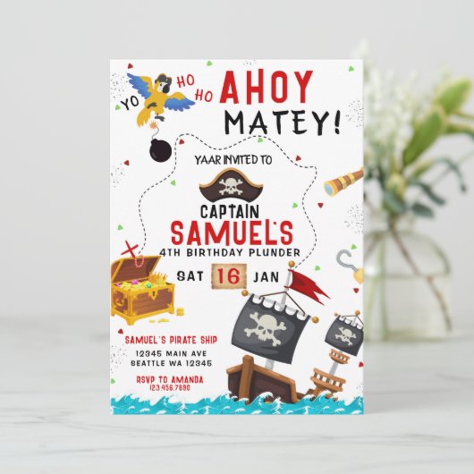 Uitnodiging voor piratenverjaardag Ahoy Pirate Par (Staand voorkant)