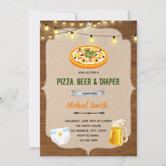 Uitnodiging voor pizza bier luier shower (Voorkant)