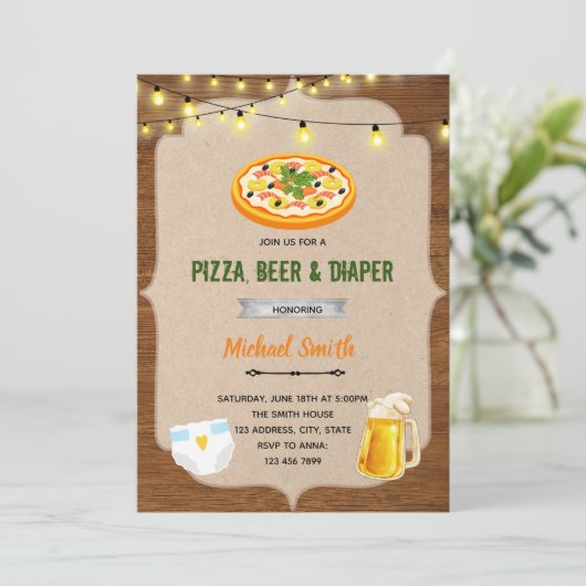 Uitnodiging voor pizza bier luier shower (Staand voorkant)