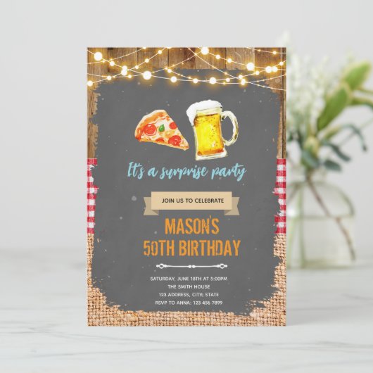 Uitnodiging voor pizza- en bierfeest (Staand voorkant)