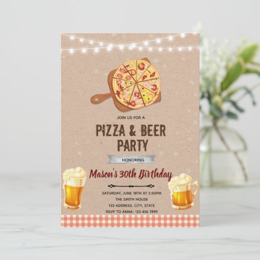 Uitnodiging voor pizza- en bierfeest (Staand voorkant)