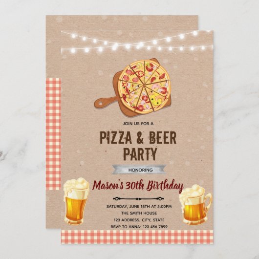 Uitnodiging voor pizza- en bierfeestje (Voorkant / Achterkant)