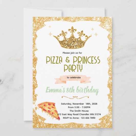 Uitnodiging voor Pizza- en Prinsessenfeest (Voorkant)
