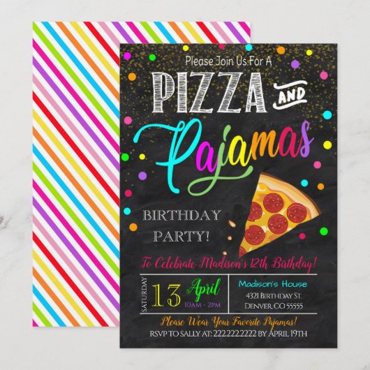 Uitnodiging voor Pizza en Pyjama Feestje (Voorkant / Achterkant)