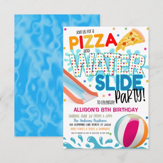 Uitnodiging voor Pizza en Waterglijbaan Feestje (Voorkant / Achterkant)