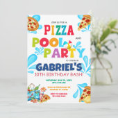 Uitnodiging voor pizza- en zwembadfeest met zwemba (Staand voorkant)