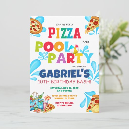 Uitnodiging voor pizza- en zwembadfeest met zwemba (Staand voorkant)