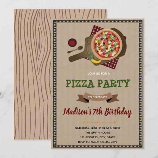 Uitnodiging voor Pizza Party verjaardagsfeestje (Voorkant / Achterkant)