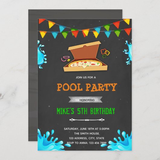 Uitnodiging voor pizza zwembadfeest (Voorkant / Achterkant)