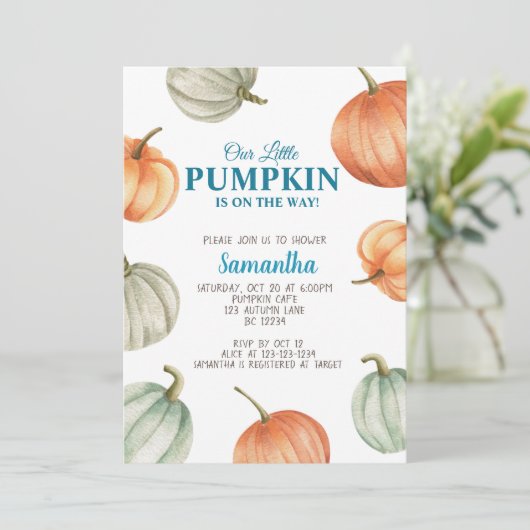 Uitnodiging voor pompoen babyshower, herfst baby s (Staand voorkant)