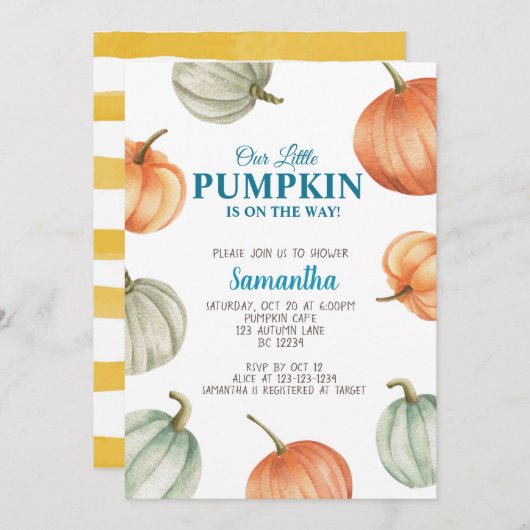 Uitnodiging voor pompoen babyshower, herfst baby s (Voorkant / Achterkant)