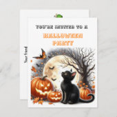 Uitnodiging voor pompoen zwarte kat kids Halloween (Voorkant / Achterkant)
