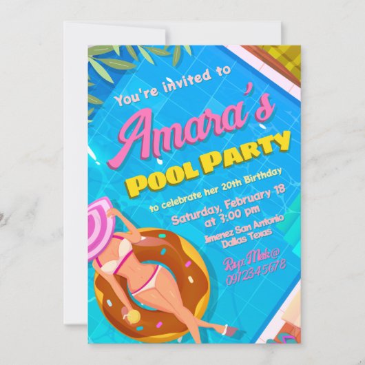 Uitnodiging voor Pool Party Meisje (Voorkant)