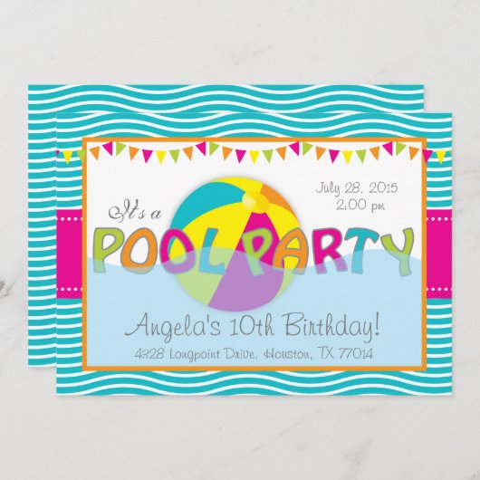 Uitnodiging voor Pool Party Verjaardagsmeisje (Voorkant / Achterkant)