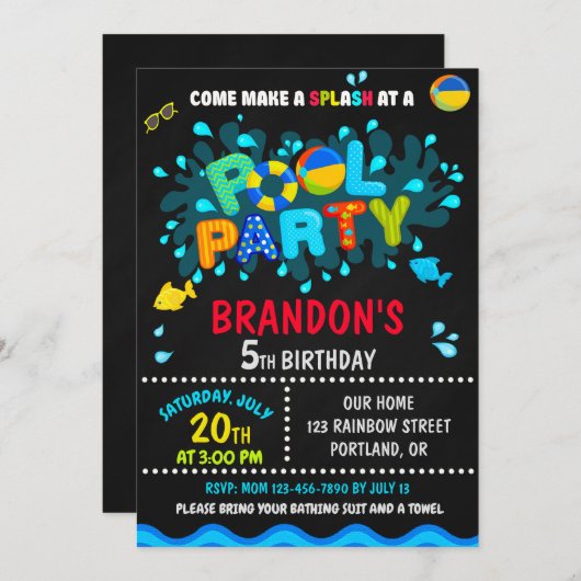 Uitnodiging voor poolpartij voor poolfeest (Voorkant / Achterkant)