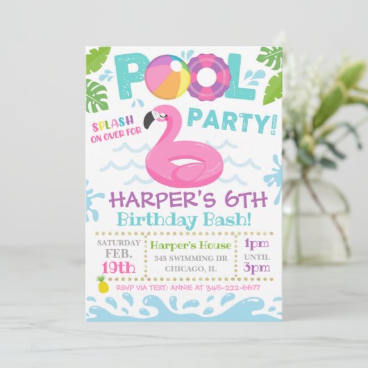 Uitnodiging voor poolpartijen | Flamingo Pool Part (Staand voorkant)
