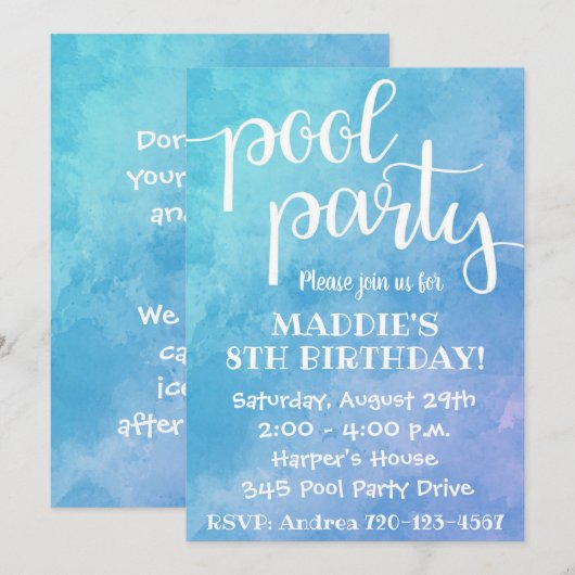 Uitnodiging voor poolpartijen | Pool Party Birthda (Voorkant / Achterkant)