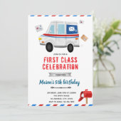 Uitnodiging voor postwagen verjaardagsfeestje (Staand voorkant)