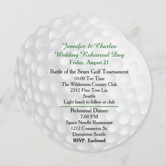 Uitnodiging voor pre-huwelijksfeest met golfbal (Voorkant / Achterkant)