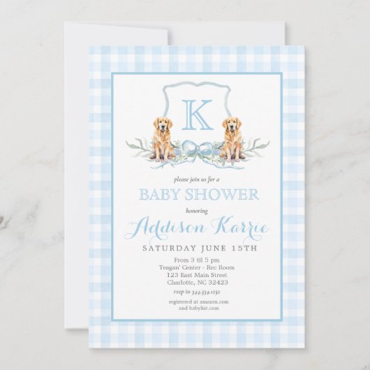 Uitnodiging voor Preppy-hond Gingham Crest-babysho (Voorkant)