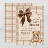 Uitnodiging voor Preppy Teddy Bear Beige Geruite B (Voorkant / Achterkant)