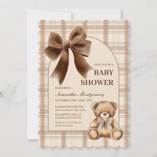 Uitnodiging voor Preppy Teddy Bear Beige Geruite B (Voorkant)