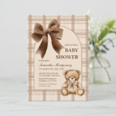 Uitnodiging voor Preppy Teddy Bear Beige Geruite B (Staand voorkant)