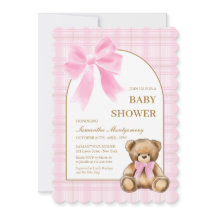 Uitnodiging voor Preppy Teddy Bear Roze Plaid Baby