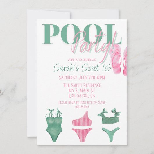 Uitnodiging voor Preppy Zwembadfeest (Voorkant)