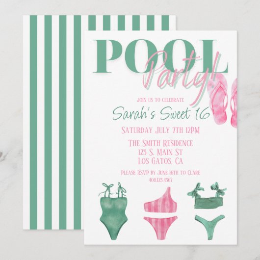Uitnodiging voor Preppy Zwembadfeest (Voorkant / Achterkant)