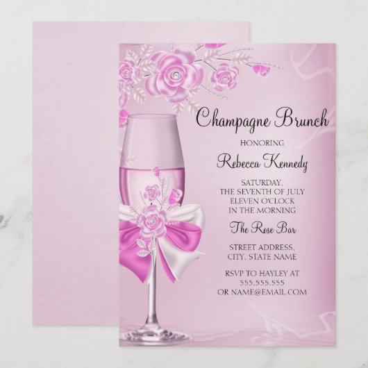 Uitnodiging voor Pretty Pink Rose Champagne Brunch (Voorkant / Achterkant)