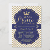Uitnodiging voor Prince Baby Shower in Navy en Gou (Voorkant)