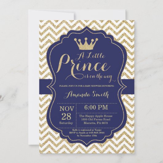 Uitnodiging voor Prince Baby Shower in Navy en Gou (Voorkant)