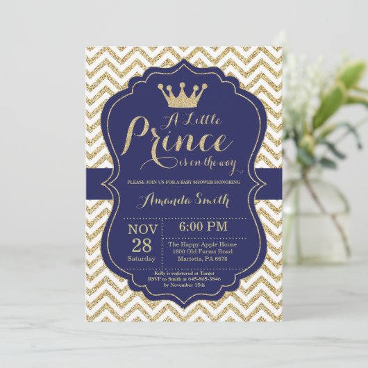 Uitnodiging voor Prince Baby Shower in Navy en Gou (Staand voorkant)