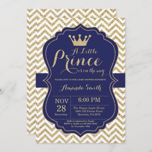 Uitnodiging voor Prince Baby Shower in Navy en Gou (Voorkant / Achterkant)