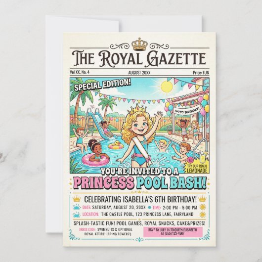 Uitnodiging voor Princess Pool REDACTIE-feest (Voorkant)
