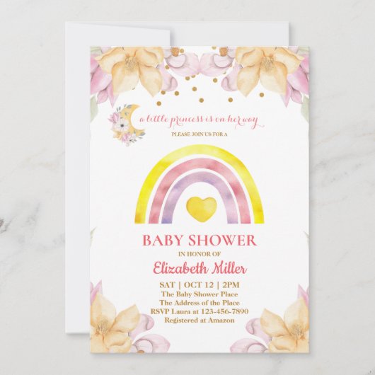Uitnodiging voor Prinses Regenboog Baby Shower (Voorkant)