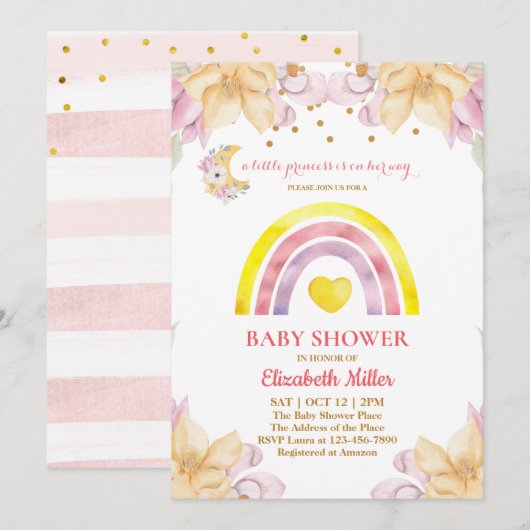 Uitnodiging voor Prinses Regenboog Baby Shower (Voorkant / Achterkant)