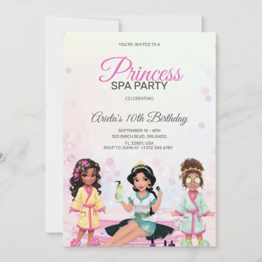 Uitnodiging voor prinsessen spa feest verjaardag (Voorkant)