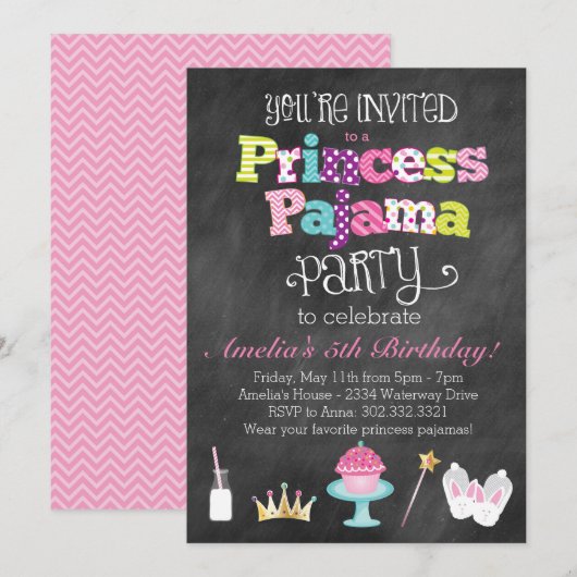 Uitnodiging voor prinsessenpyjamafeest met schoolb (Voorkant / Achterkant)