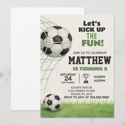 Uitnodiging voor Printable Soccer Birthday (Voorkant / Achterkant)