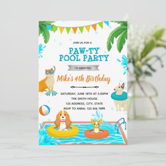 Uitnodiging voor puppy zwembadfeest (Staand voorkant)