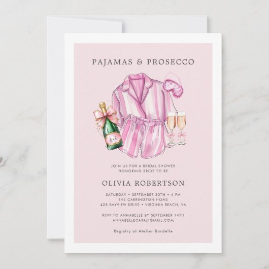 Uitnodiging voor pyjama en Prosecco bruidsdouche (Voorkant)