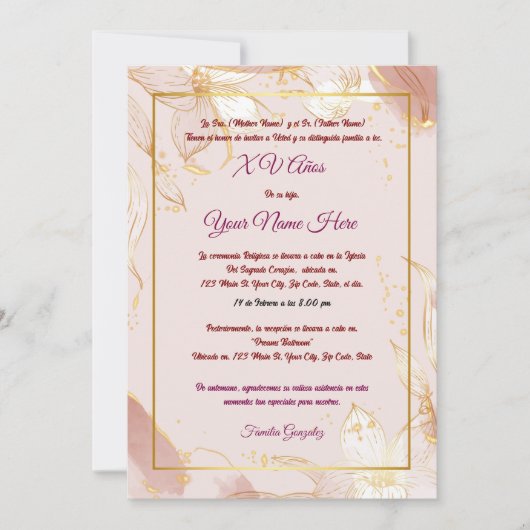 Uitnodiging voor Quinceañera (Voorkant)