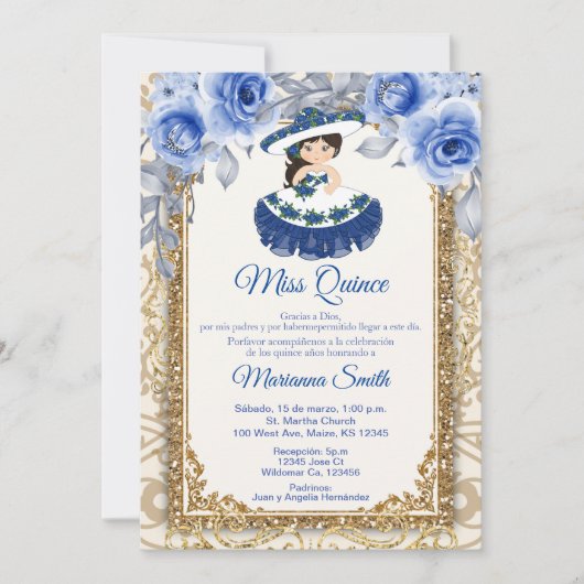 Uitnodiging voor Quinceañera met Navy Blauwe Rozen (Voorkant)