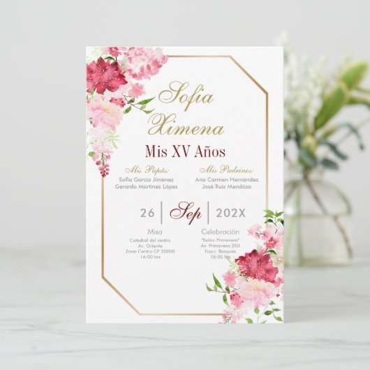 Uitnodiging voor quinceañera met roze kader (Staand voorkant)