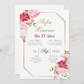 Uitnodiging voor quinceañera met roze kader (Voorkant / Achterkant)