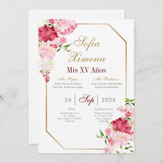 Uitnodiging voor quinceañera met roze kader (Voorkant / Achterkant)