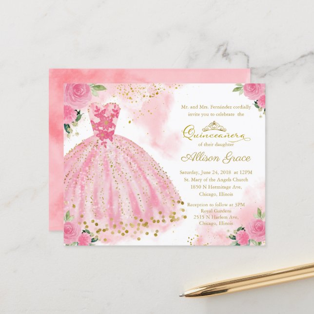 Uitnodiging voor Quinceanera op budget Goud heet r (Voorkant / Achterkant in situ)