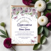 Uitnodiging voor Quinceañera – Paarse Bloemen & Vl